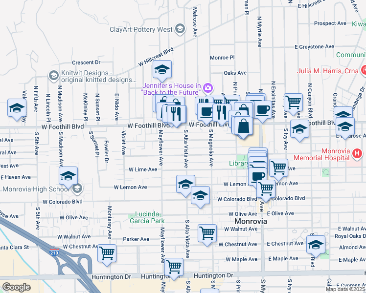 map of restaurants, bars, coffee shops, grocery stores, and more near 412 West Palm Avenue in Monrovia