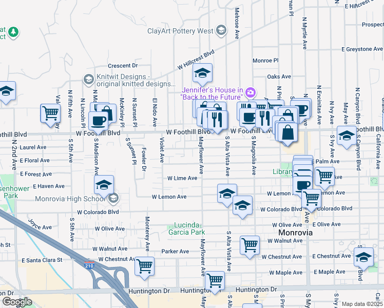map of restaurants, bars, coffee shops, grocery stores, and more near 525 West Palm Avenue in Monrovia
