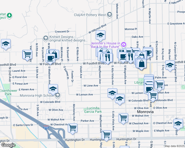 map of restaurants, bars, coffee shops, grocery stores, and more near 525 West Palm Avenue in Monrovia