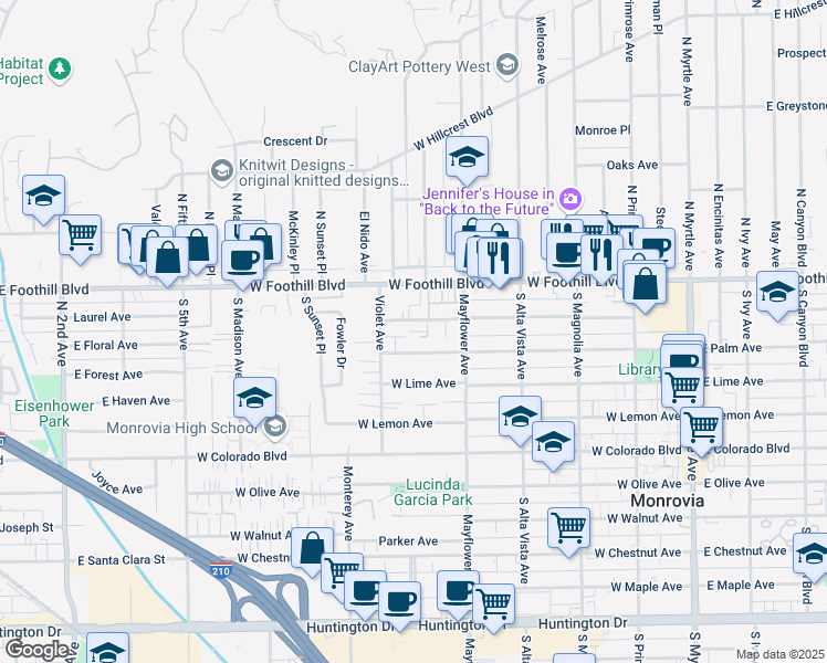 map of restaurants, bars, coffee shops, grocery stores, and more near 628 West Palm Avenue in Monrovia
