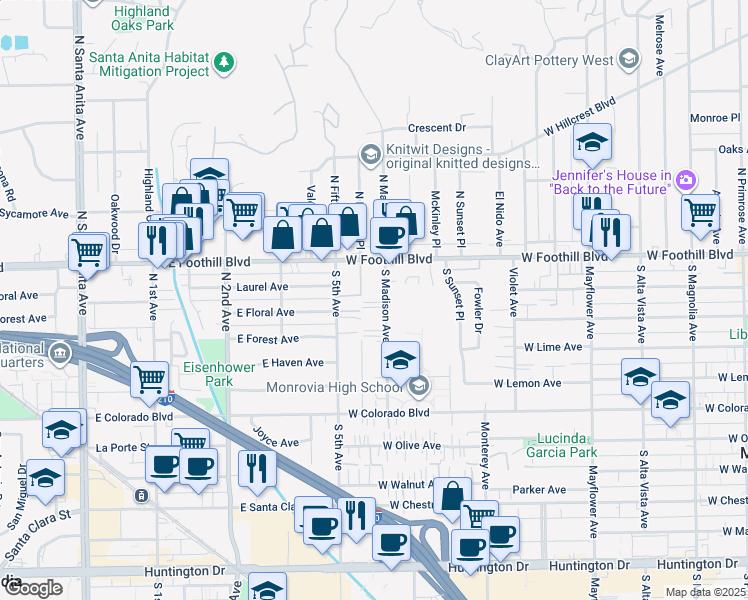 map of restaurants, bars, coffee shops, grocery stores, and more near 225 South Madison Avenue in Monrovia