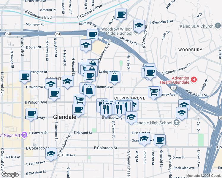 map of restaurants, bars, coffee shops, grocery stores, and more near 223 North Adams Street in Glendale