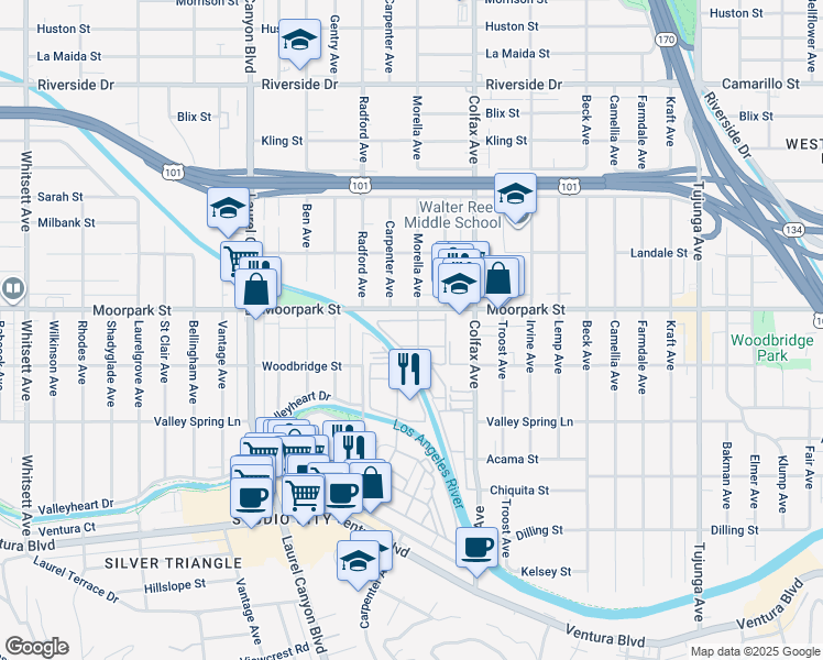 map of restaurants, bars, coffee shops, grocery stores, and more near 11830 Moorpark Street in Los Angeles