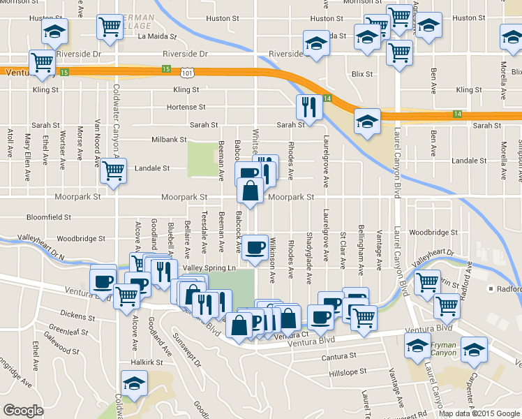 map of restaurants, bars, coffee shops, grocery stores, and more near 4307 Whitsett Avenue in Los Angeles