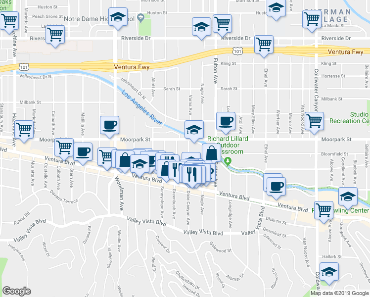 map of restaurants, bars, coffee shops, grocery stores, and more near 4261 Dixie Canyon Avenue in Los Angeles