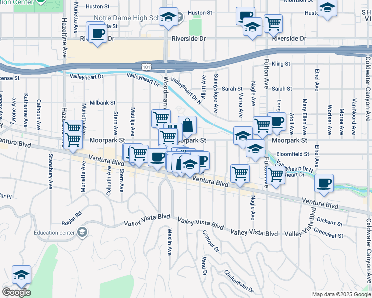 map of restaurants, bars, coffee shops, grocery stores, and more near 4346 Ventura Canyon Avenue in Los Angeles