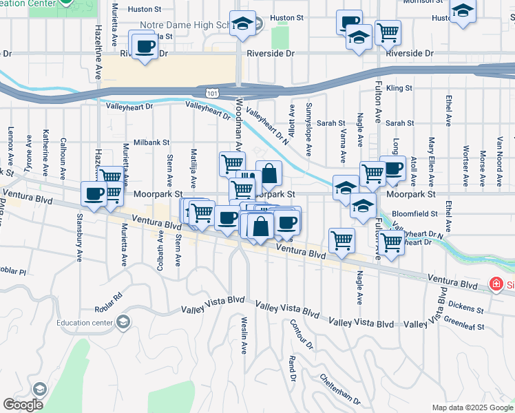 map of restaurants, bars, coffee shops, grocery stores, and more near 4346 Ventura Canyon Avenue in Los Angeles