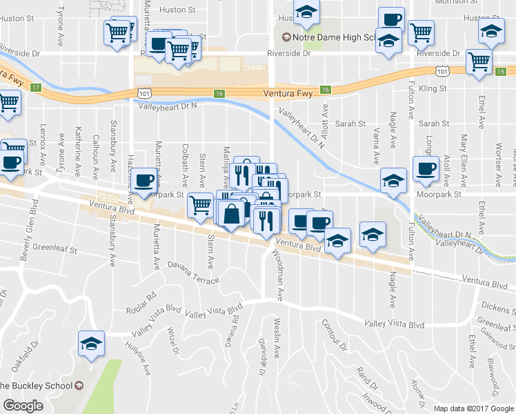 map of restaurants, bars, coffee shops, grocery stores, and more near 4324 Mammoth Avenue in Los Angeles