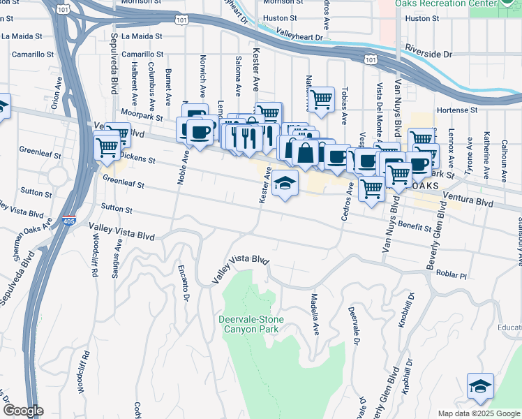 map of restaurants, bars, coffee shops, grocery stores, and more near Kester Ave & Greenleaf St in Los Angeles