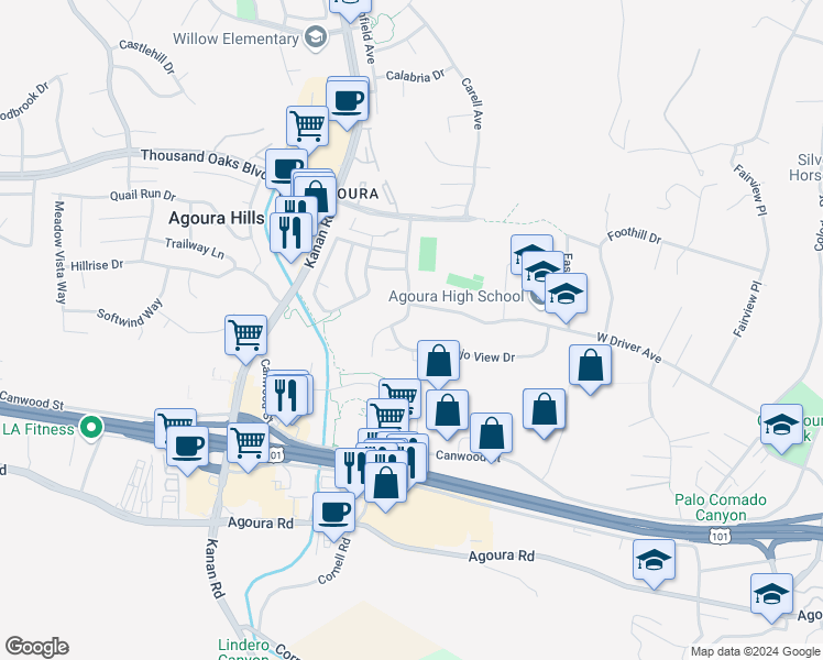 map of restaurants, bars, coffee shops, grocery stores, and more near 28808 Conejo View Drive in Agoura Hills