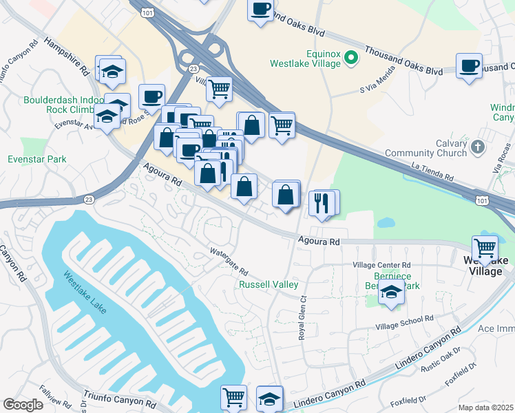 map of restaurants, bars, coffee shops, grocery stores, and more near 2996 Shadow Brook Lane in Westlake Village
