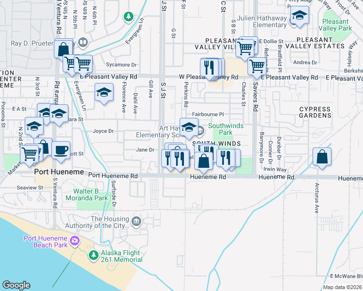 map of restaurants, bars, coffee shops, grocery stores, and more near 631 Cuesta Del Mar Drive in Oxnard