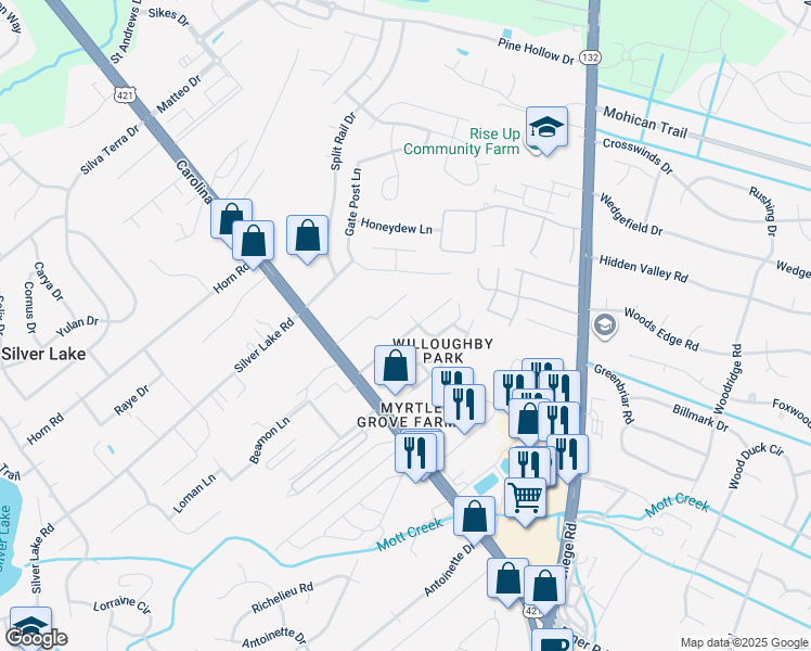 map of restaurants, bars, coffee shops, grocery stores, and more near 5043 Carolina Beach Road in Wilmington