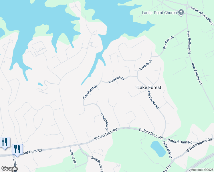 map of restaurants, bars, coffee shops, grocery stores, and more near 2709 Windrush Drive in Buford