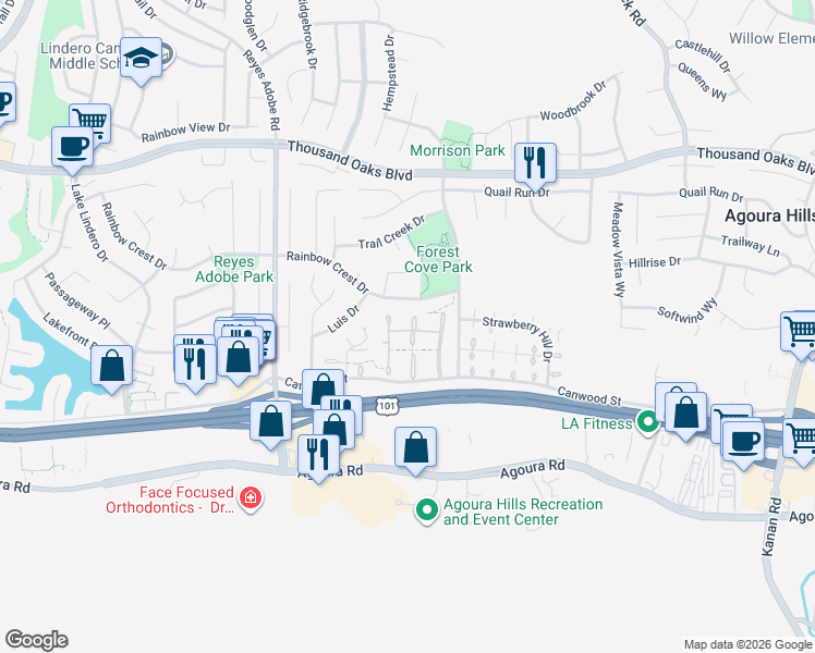 map of restaurants, bars, coffee shops, grocery stores, and more near 5403 Isabella Court in Agoura Hills