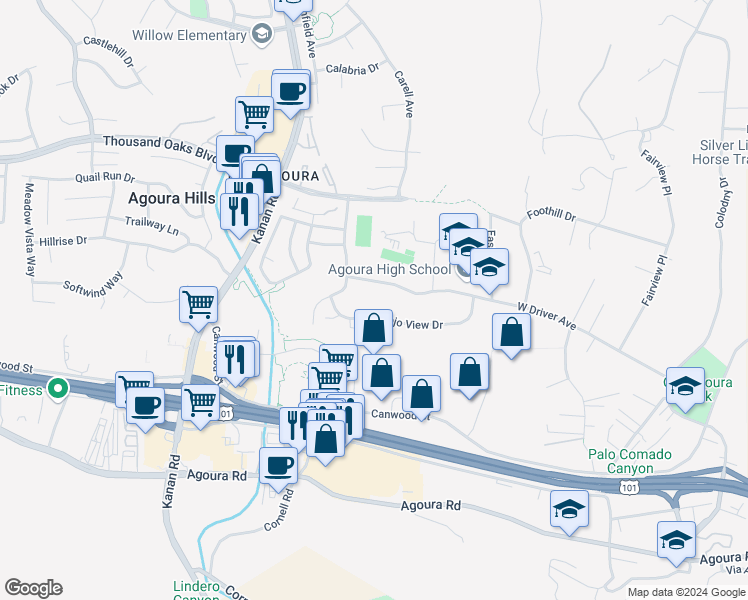 map of restaurants, bars, coffee shops, grocery stores, and more near 28763 Conejo View Drive in Agoura Hills