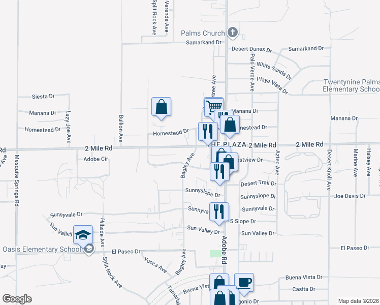 map of restaurants, bars, coffee shops, grocery stores, and more near 73557 2 Mile Road in Twentynine Palms
