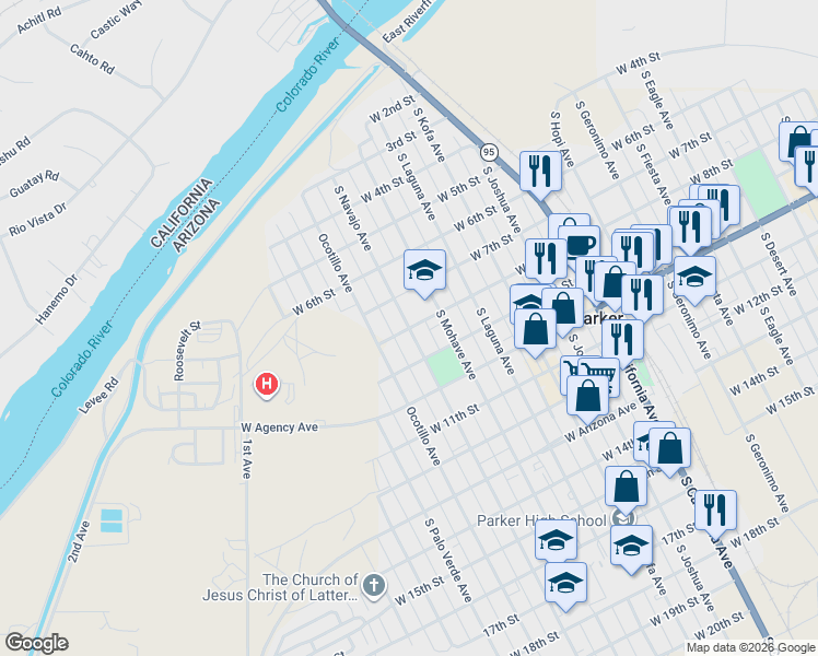 map of restaurants, bars, coffee shops, grocery stores, and more near 799 S Navajo Ave in Parker