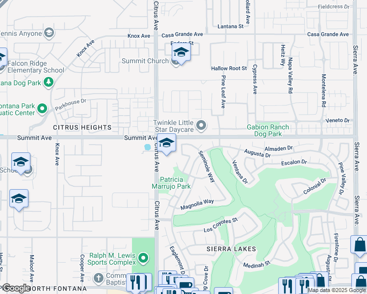 map of restaurants, bars, coffee shops, grocery stores, and more near 16209 Seminole Way in Fontana