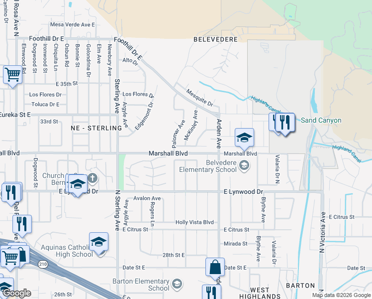 map of restaurants, bars, coffee shops, grocery stores, and more near 2226 Val Mar Drive in San Bernardino