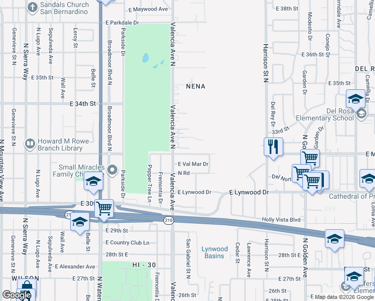 map of restaurants, bars, coffee shops, grocery stores, and more near 761 East Marshall Boulevard in San Bernardino