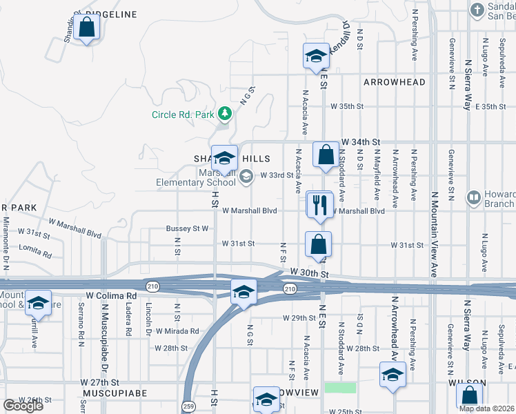 map of restaurants, bars, coffee shops, grocery stores, and more near 3158 North G Street in San Bernardino
