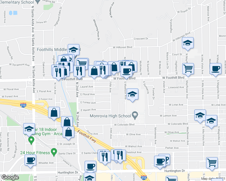 map of restaurants, bars, coffee shops, grocery stores, and more near 222 Fifth Avenue in Monrovia