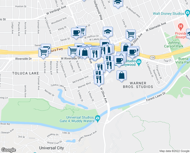 map of restaurants, bars, coffee shops, grocery stores, and more near 4111 North Pass Avenue in Burbank