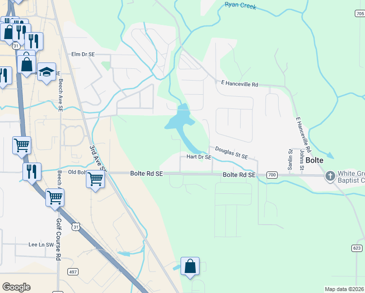 map of restaurants, bars, coffee shops, grocery stores, and more near 1529 Hart Drive Southeast in Cullman