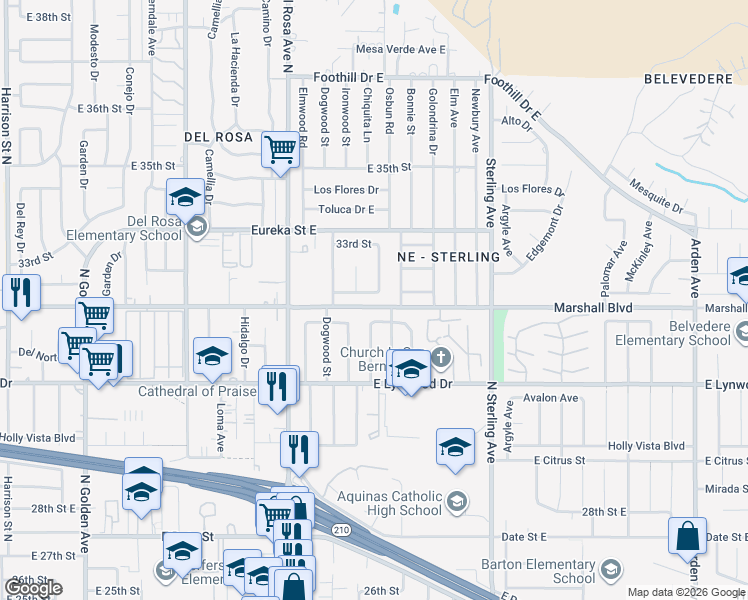 map of restaurants, bars, coffee shops, grocery stores, and more near 25469 Edgemont Drive in San Bernardino