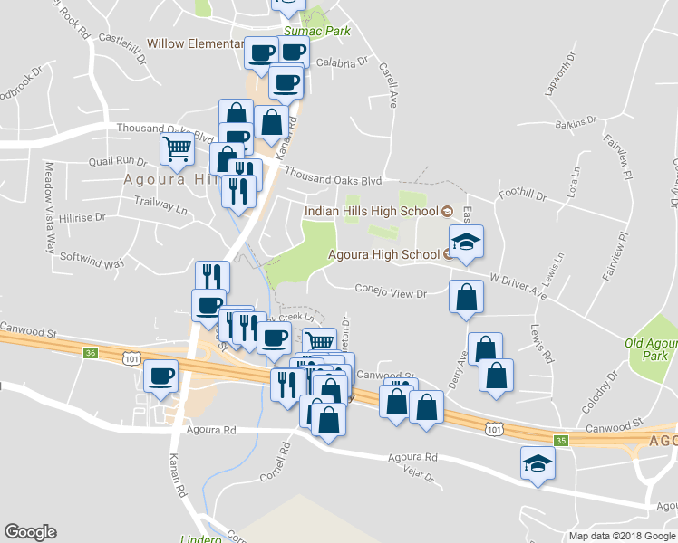 map of restaurants, bars, coffee shops, grocery stores, and more near 28875 Conejo View Drive in Agoura Hills