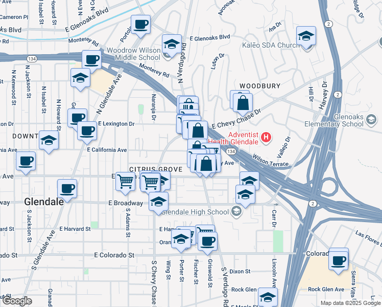 map of restaurants, bars, coffee shops, grocery stores, and more near 1322 East California Avenue in Glendale