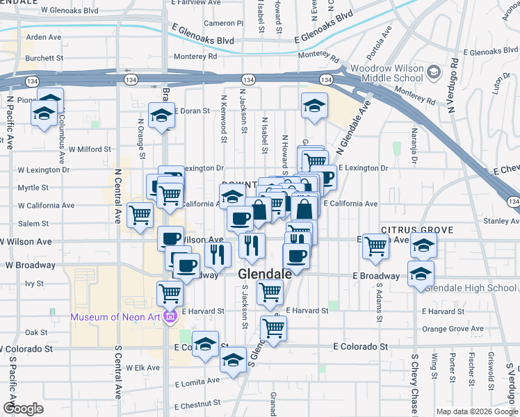 map of restaurants, bars, coffee shops, grocery stores, and more near 243 North Isabel Street in Glendale