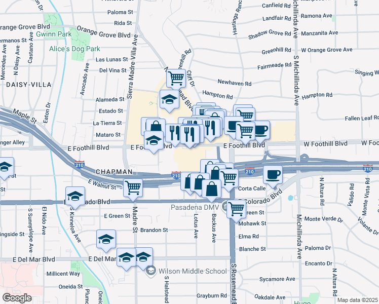 map of restaurants, bars, coffee shops, grocery stores, and more near 3528 East Foothill Boulevard in Pasadena
