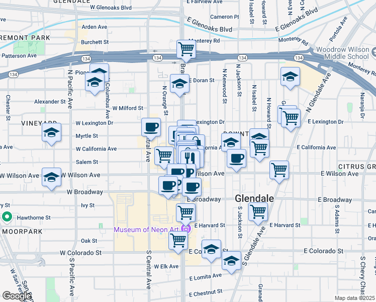map of restaurants, bars, coffee shops, grocery stores, and more near 225 North Maryland Avenue in Glendale