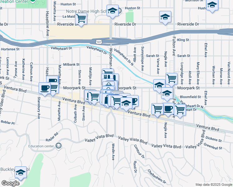 map of restaurants, bars, coffee shops, grocery stores, and more near 4356 Woodman Avenue in Los Angeles