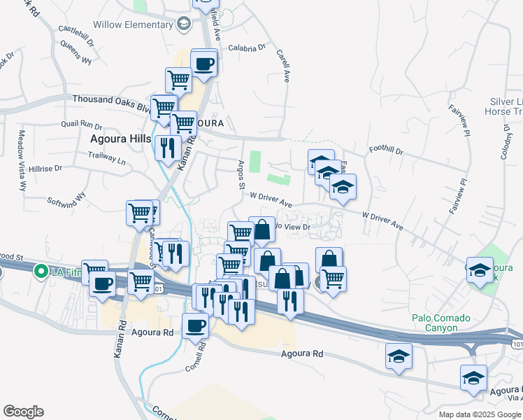 map of restaurants, bars, coffee shops, grocery stores, and more near 28808 Conejo View Drive in Agoura Hills