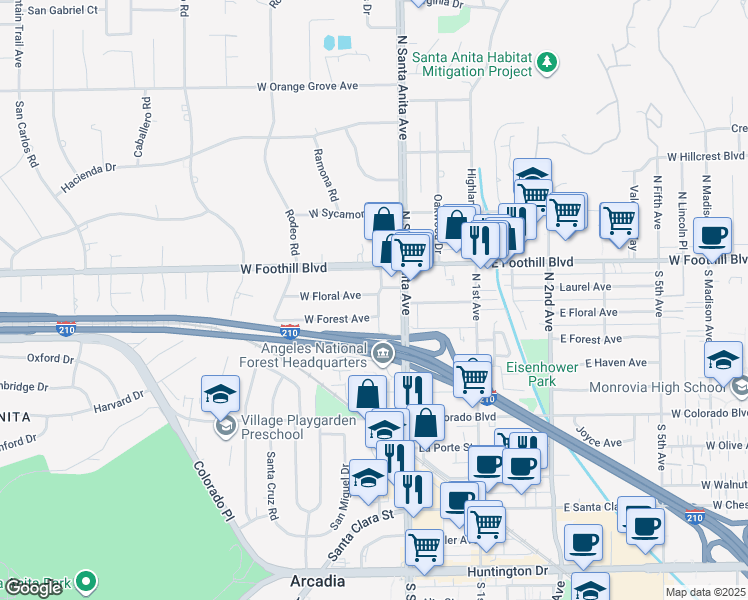 map of restaurants, bars, coffee shops, grocery stores, and more near 28 West Floral Avenue in Arcadia