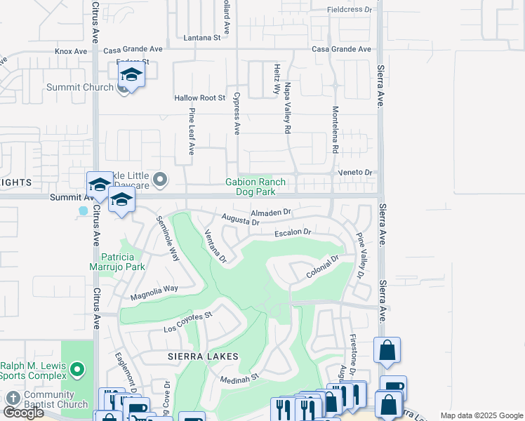 map of restaurants, bars, coffee shops, grocery stores, and more near 5740 Ridgemark Place in Fontana