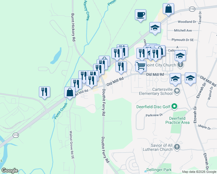 map of restaurants, bars, coffee shops, grocery stores, and more near 1419 Douthit Ferry Road in Cartersville