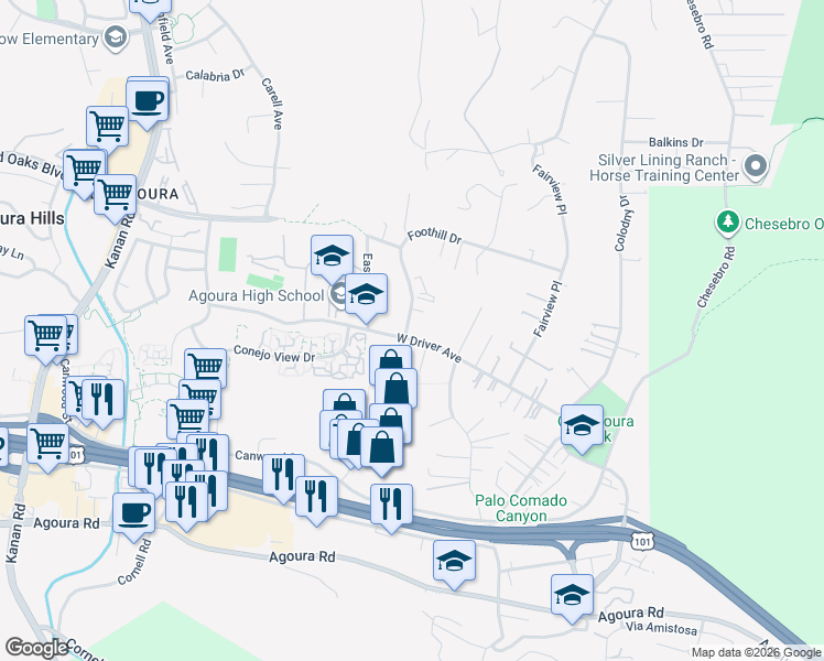 map of restaurants, bars, coffee shops, grocery stores, and more near 28461 West Driver Avenue in Agoura Hills