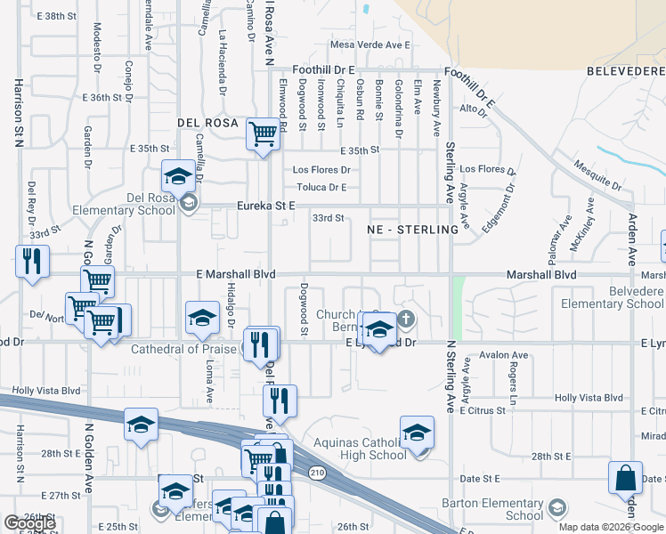 map of restaurants, bars, coffee shops, grocery stores, and more near 5780 Chiquita Lane in San Bernardino