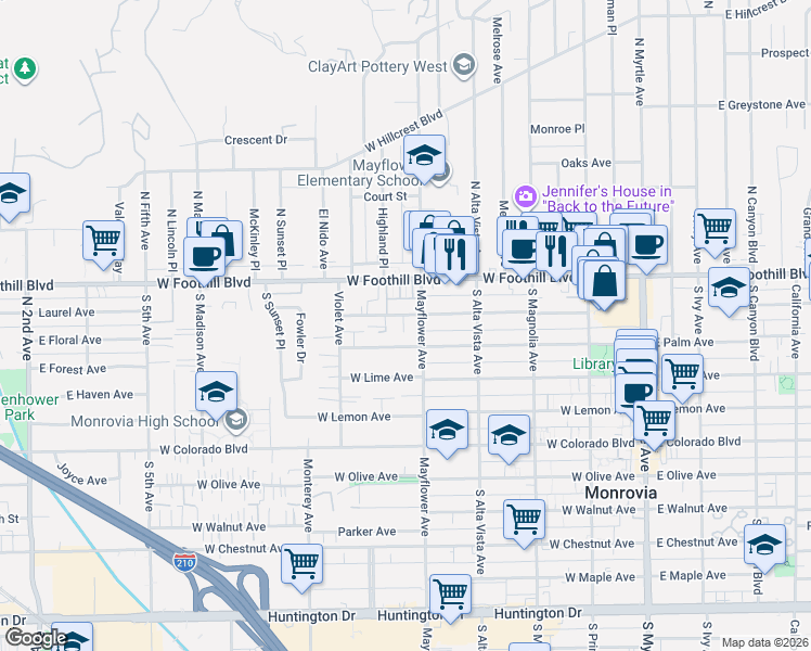 map of restaurants, bars, coffee shops, grocery stores, and more near 525 West Palm Avenue in Monrovia