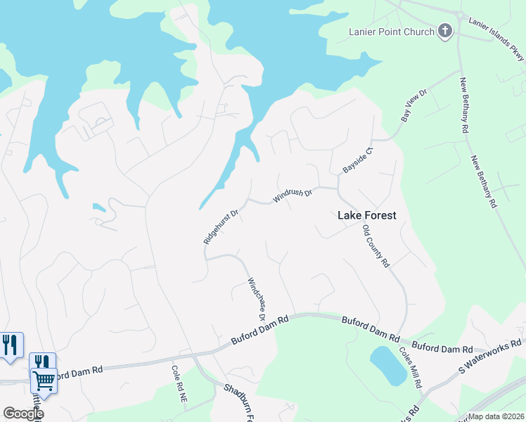 map of restaurants, bars, coffee shops, grocery stores, and more near 2609 Wendover Court in Buford