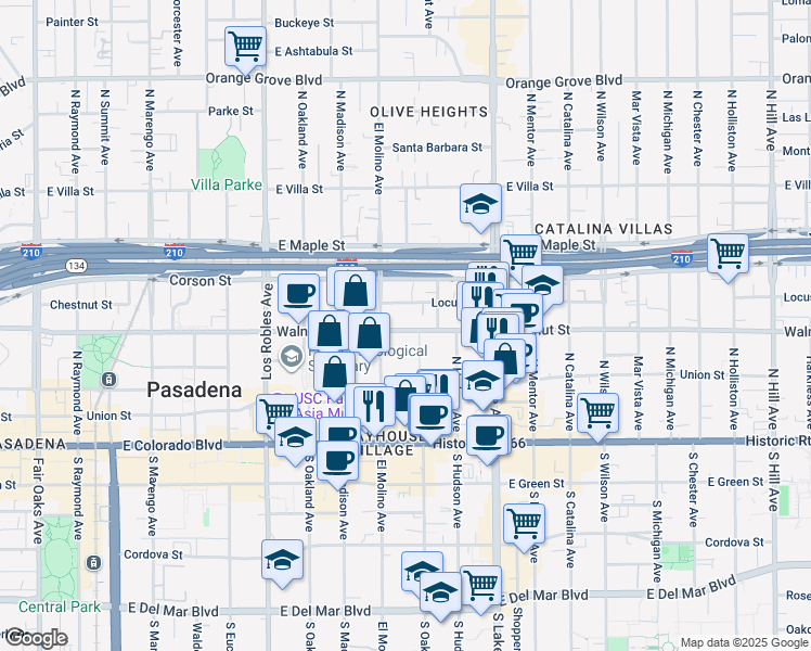 map of restaurants, bars, coffee shops, grocery stores, and more near 178 North Oak Knoll Avenue in Pasadena