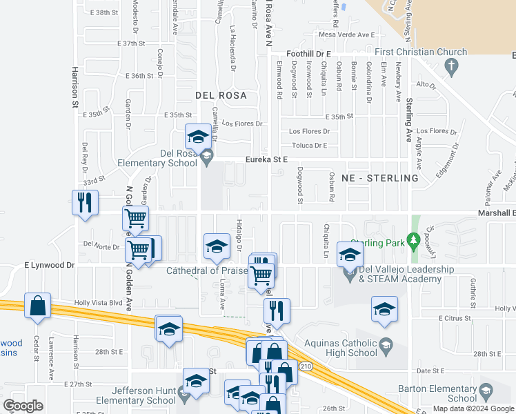 map of restaurants, bars, coffee shops, grocery stores, and more near 1580 East Marshall Boulevard in San Bernardino