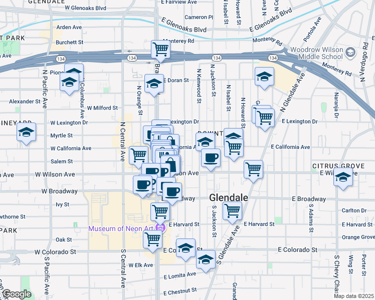 map of restaurants, bars, coffee shops, grocery stores, and more near 236 North Louise Street in Glendale