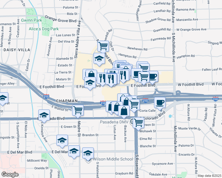 map of restaurants, bars, coffee shops, grocery stores, and more near 3528 East Foothill Boulevard in Pasadena