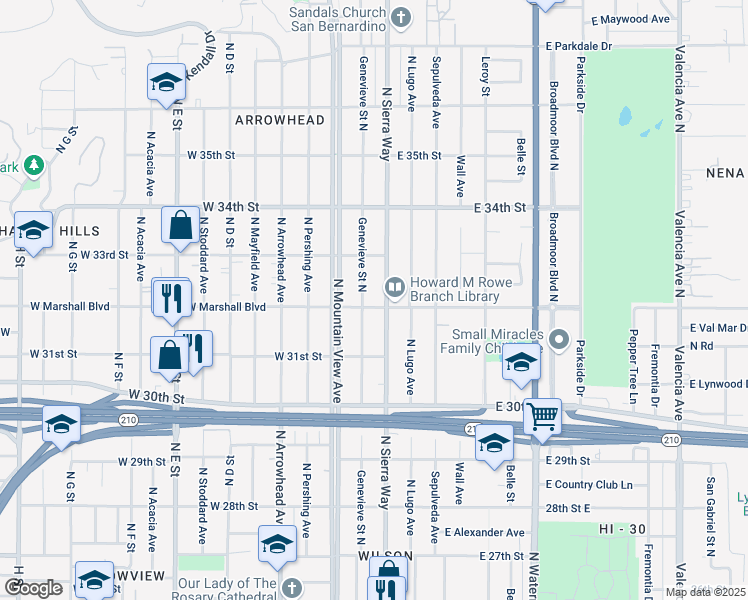 map of restaurants, bars, coffee shops, grocery stores, and more near 120 West Marshall Boulevard in San Bernardino