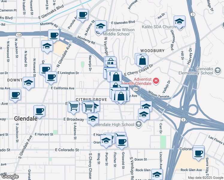 map of restaurants, bars, coffee shops, grocery stores, and more near 1322 East California Avenue in Glendale